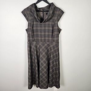 Tahari ASL Gray Plaid Cowl Neck Fit & Flare Cap Sleeve Midi‎ Dress Size 14 #663